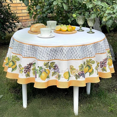 Декоративное изделие из гобелена Скатерть круглая, ЛИМОНЫ ФРУКТЫ ЖЕЛТЫЙ КАНТ D=140 см Бельгия
