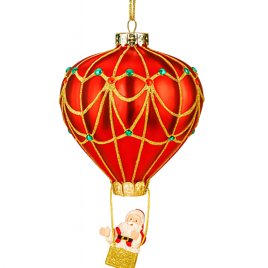 Игрушка новогодняя стеклянная "Дед мороз на воздушном шаре" диаметр 7,5 см, высота 14 см